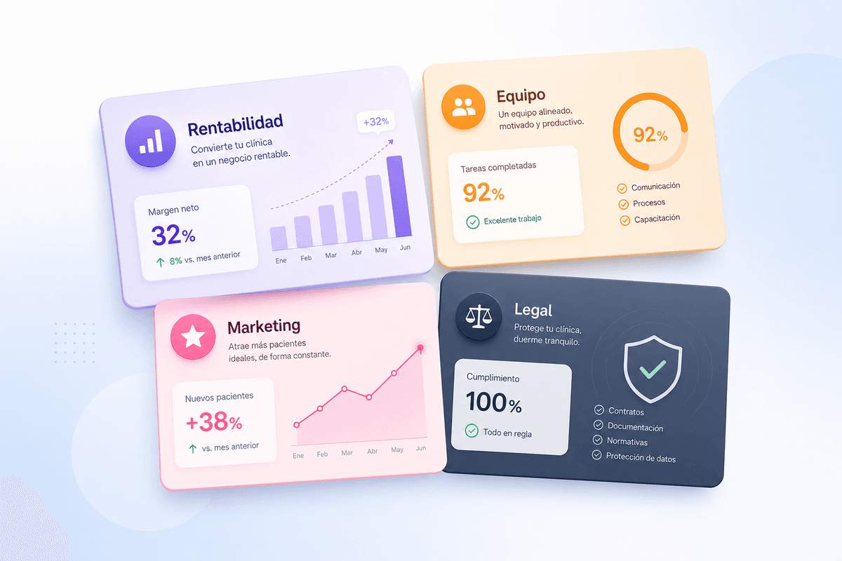 Cuatro áreas de Kandent Tools: Rentabilidad, Equipo, Marketing y Legal — cada una resuelve un problema concreto de tu clínica dental